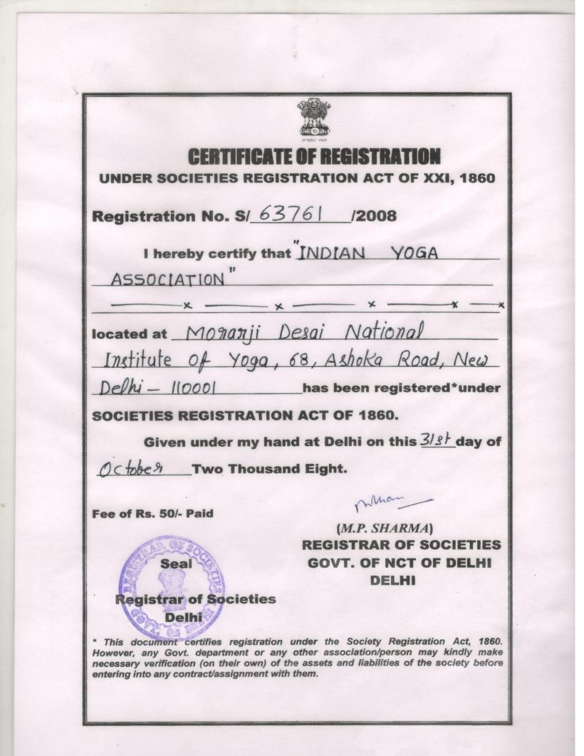 Certificate of Registration - Indian Yoga Association